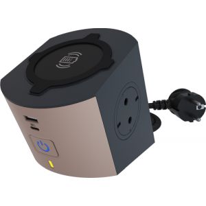 Разклонител кафяв 2x2P+E с кабел 2 метра с безжично зарядно 10W и USB A+C 3A 15W