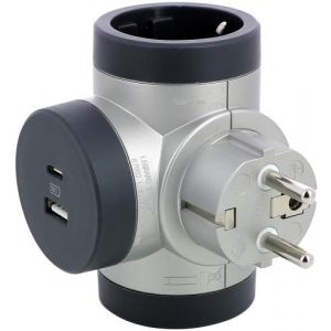 Адаптер за контакт 2х Шуко Т-образен въртящ с USB A+C алуминий NEW